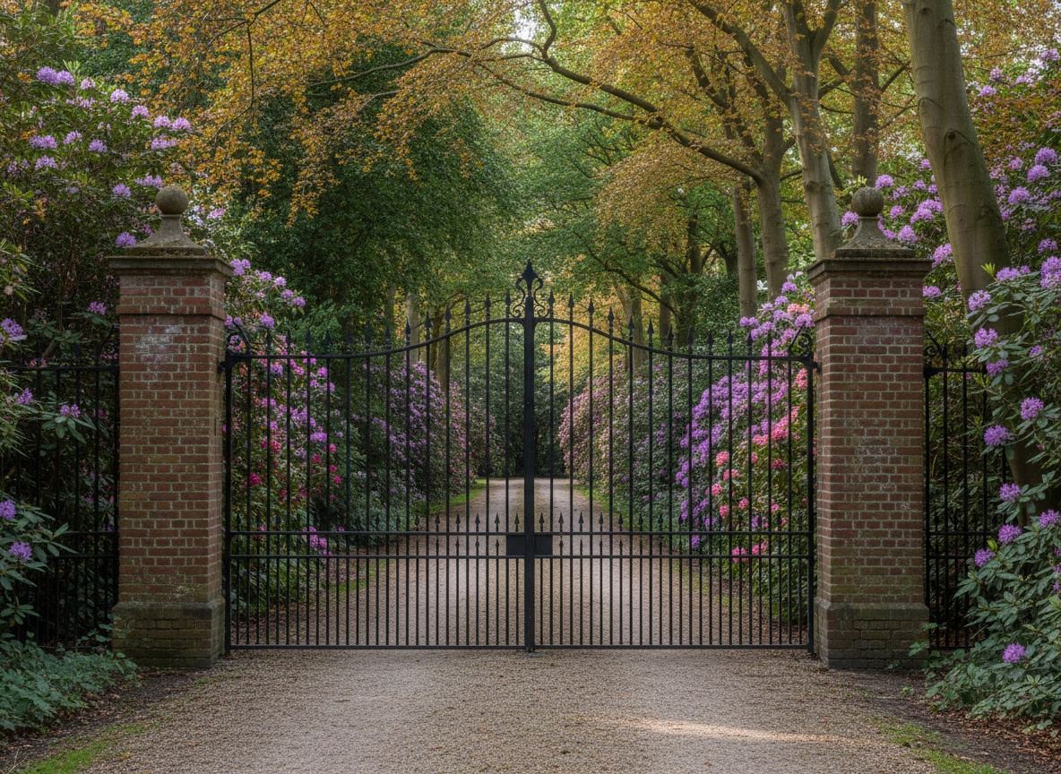 Gesloten smeedijzeren hek met een grindpad dat tussen rododendrons verdwijnt, aan een laan in het Gooi