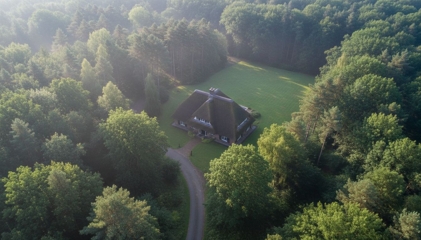 Luchtfoto van een landhuis met rieten kap in een bos van beuken en dennen bij Blaricum
