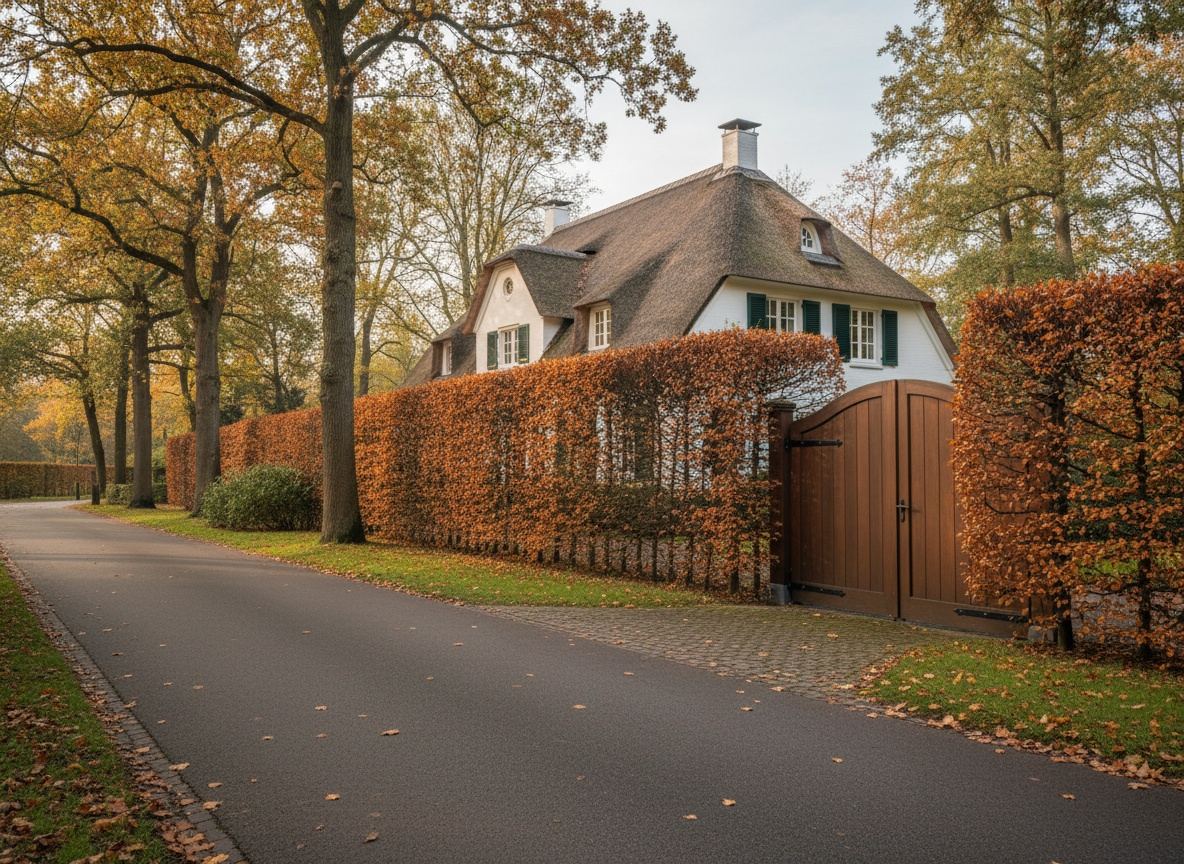 Witte villa met rieten kap achter een hoge beukenhaag en een gesloten poort aan een laan in Laren