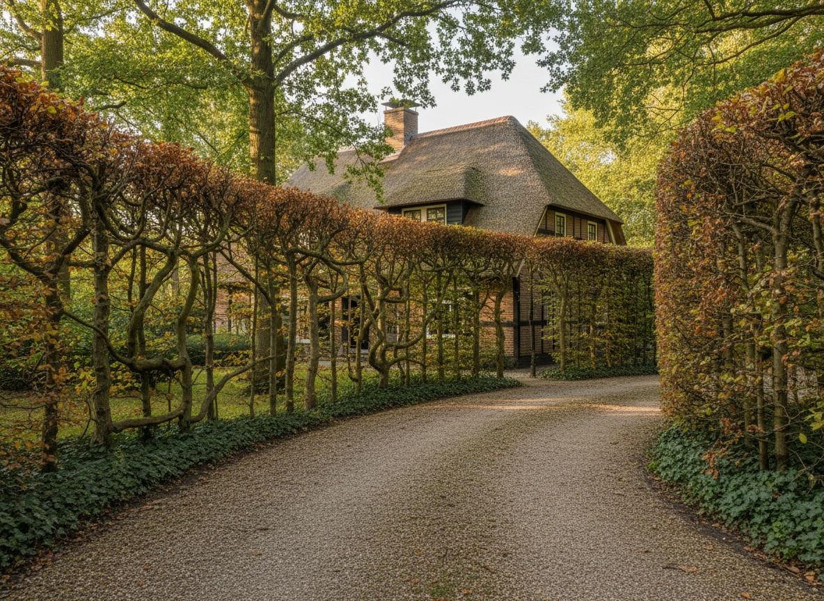 Villa met rieten kap achter een beukenhaag in het Gooi