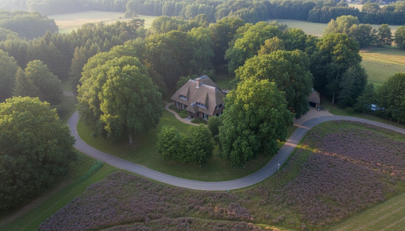 Luchtfoto van een villa tussen hoge bomen in het Gooi