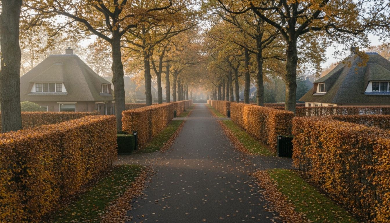 Luchtfoto van een laan in Blaricum in de herfst, met villa's onder rieten kappen achter beukenhagen en oude eiken