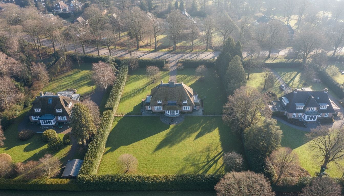 Luchtfoto van een villa met rieten kap tussen beukenhagen en eiken aan een laan in Trompenberg, Hilversum