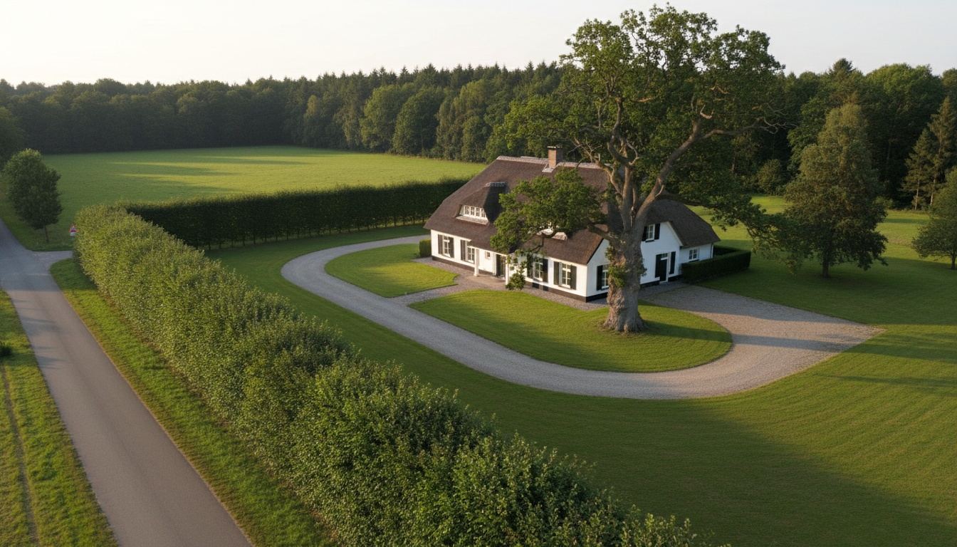 Luchtfoto van een landhuis met rieten dak tussen eiken en beukenhagen in Laren