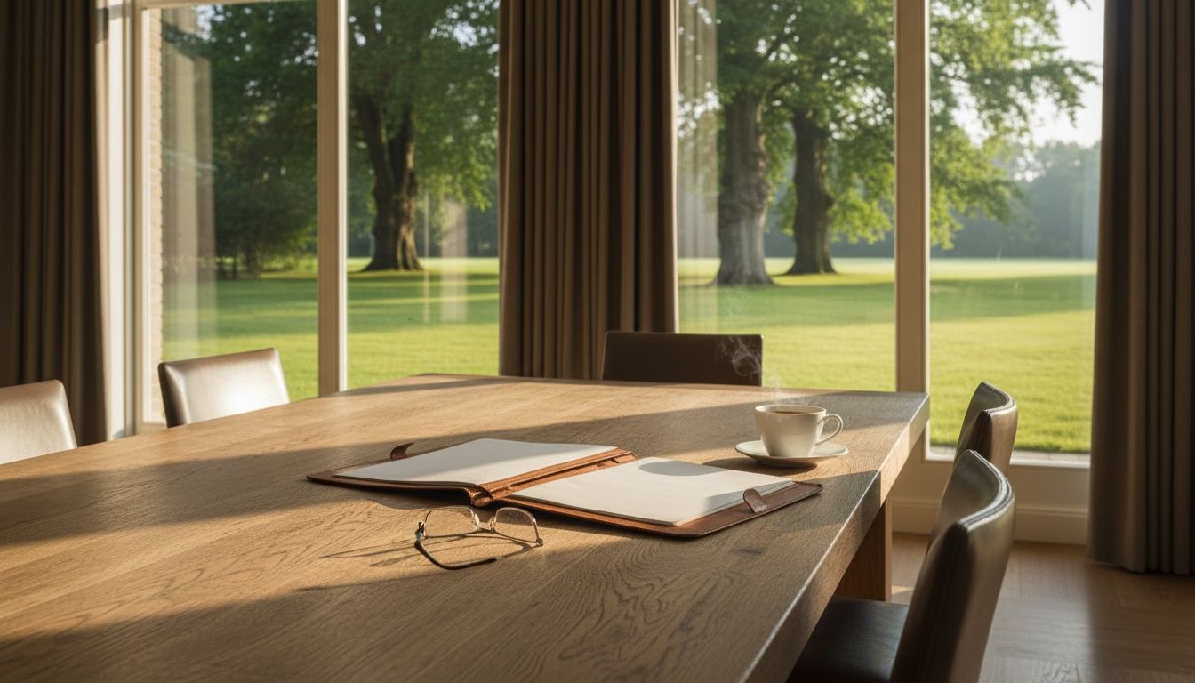 Een eiken tafel bij hoge tuinramen in een Gooise villa, met een leesbril en een opengeslagen map in zacht ochtendlicht