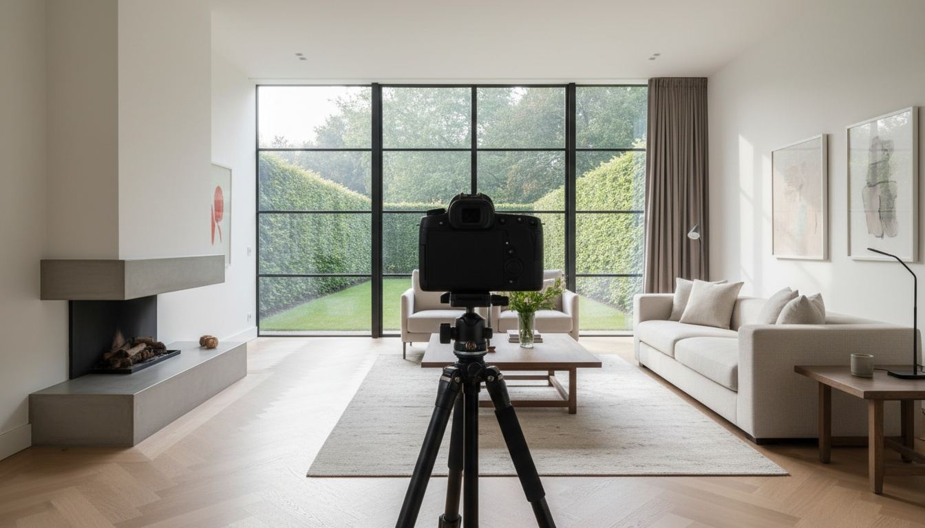 Camera op een statief in een lichte woonkamer van een Gooise villa met hoge ramen en een eiken vloer