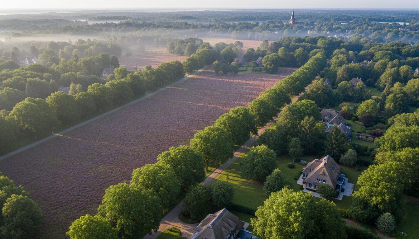 Luchtfoto van het Gooise landschap: heide, beukenlanen en villa's met rieten kappen tussen de bomen