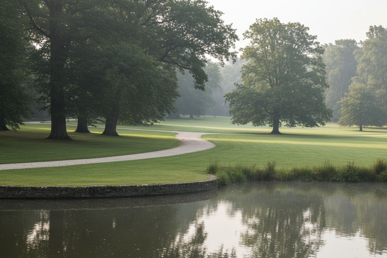 Park met oude bomen en een vijver bij een buitenplaats, het huis buiten beeld
