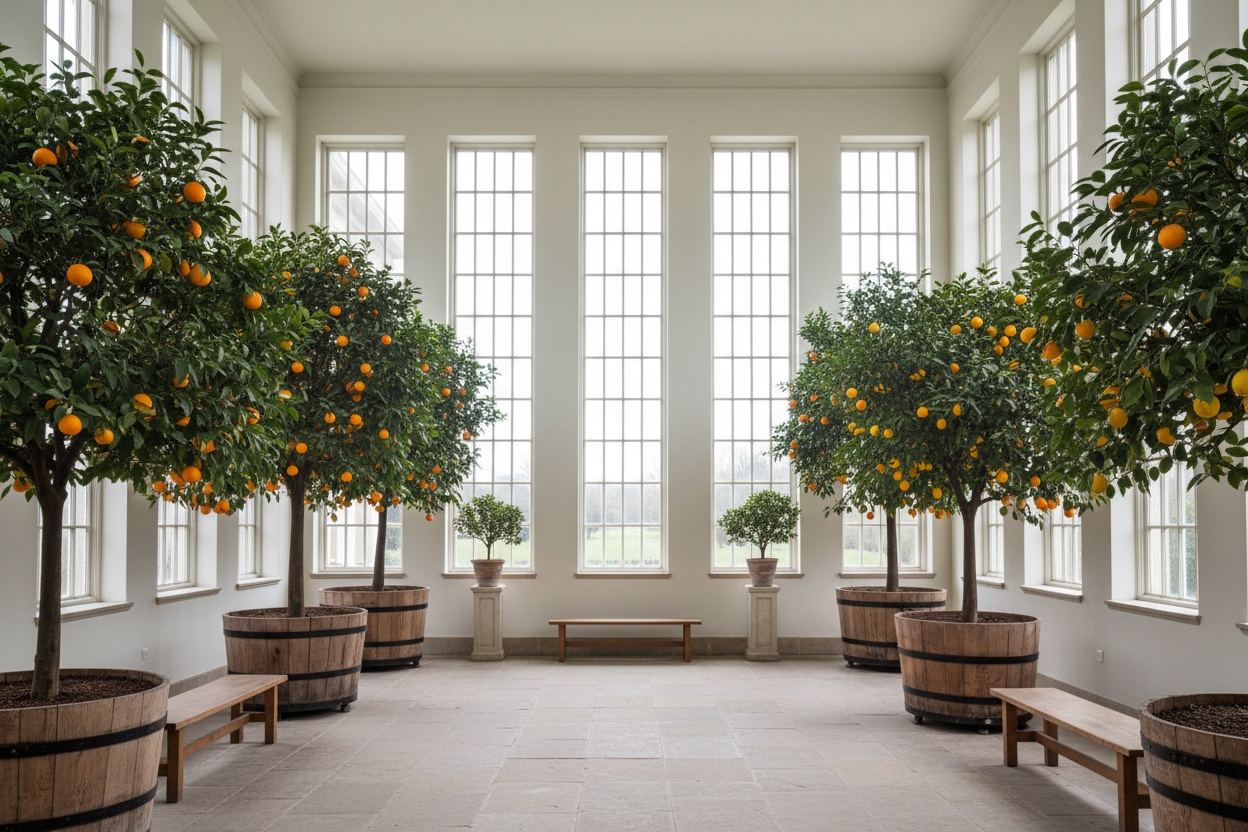 Oranjerie van binnen met citrusbomen in kuipen en hoge ramen