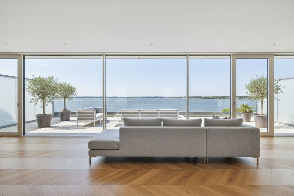 Lichte woonkamer met glazen pui naar het dakterras en het water