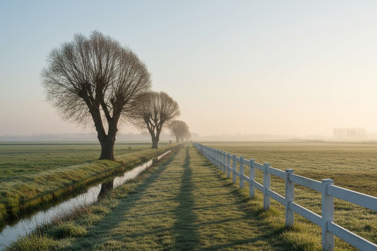 Paardenweide met houten hekwerk en de polder in ochtendnevel