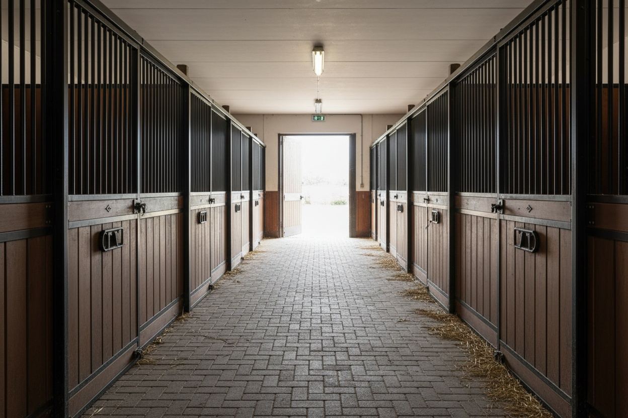 Stalgang met zes houten paardenboxen in zacht licht