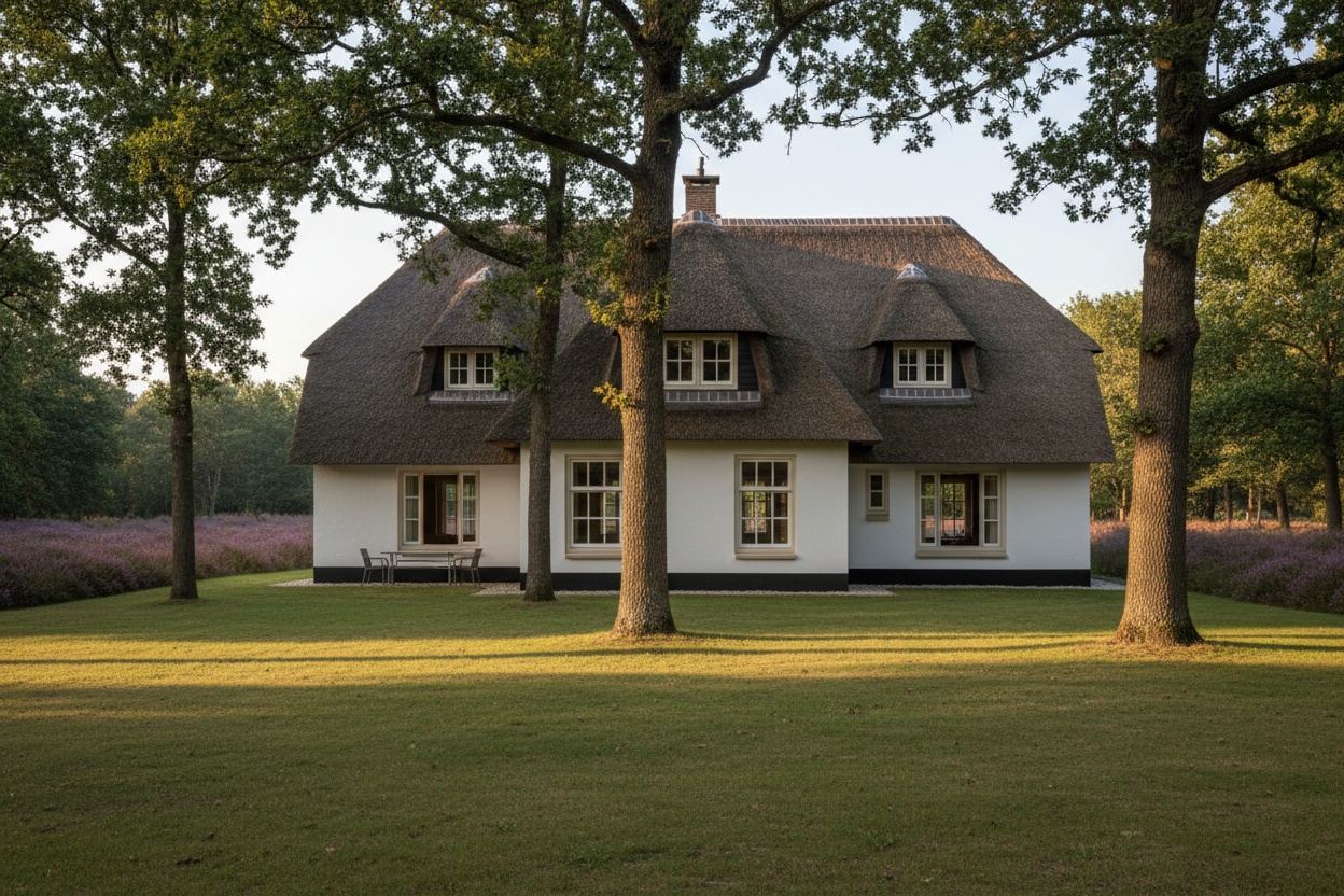 Rietgedekte villa uit de jaren twintig aan de rand van de heide in avondlicht