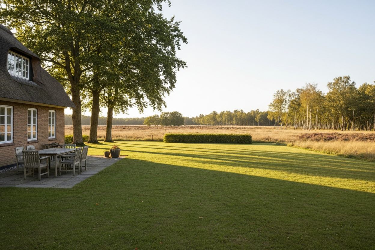 Tuin op het zuidwesten met gazon en de heide achter de haag