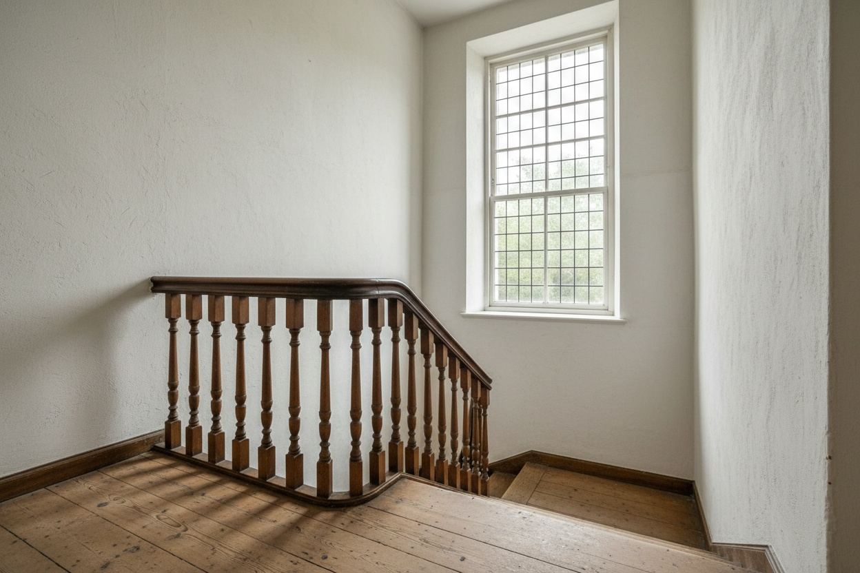 Trappenhuis met houten trap en hoge ramen in het herenhuis